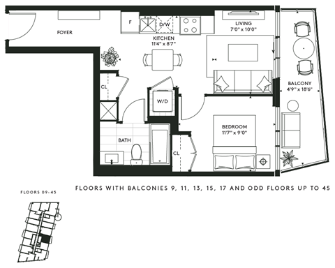 Floor plan for 1 bed, 1 bath, 526 sqft